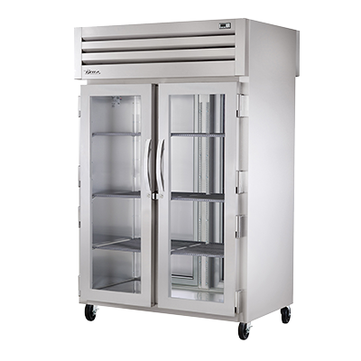 True Two Glass Door Front & Two Stainless Steel Door Rear Pass-Thru Heated Cabinet