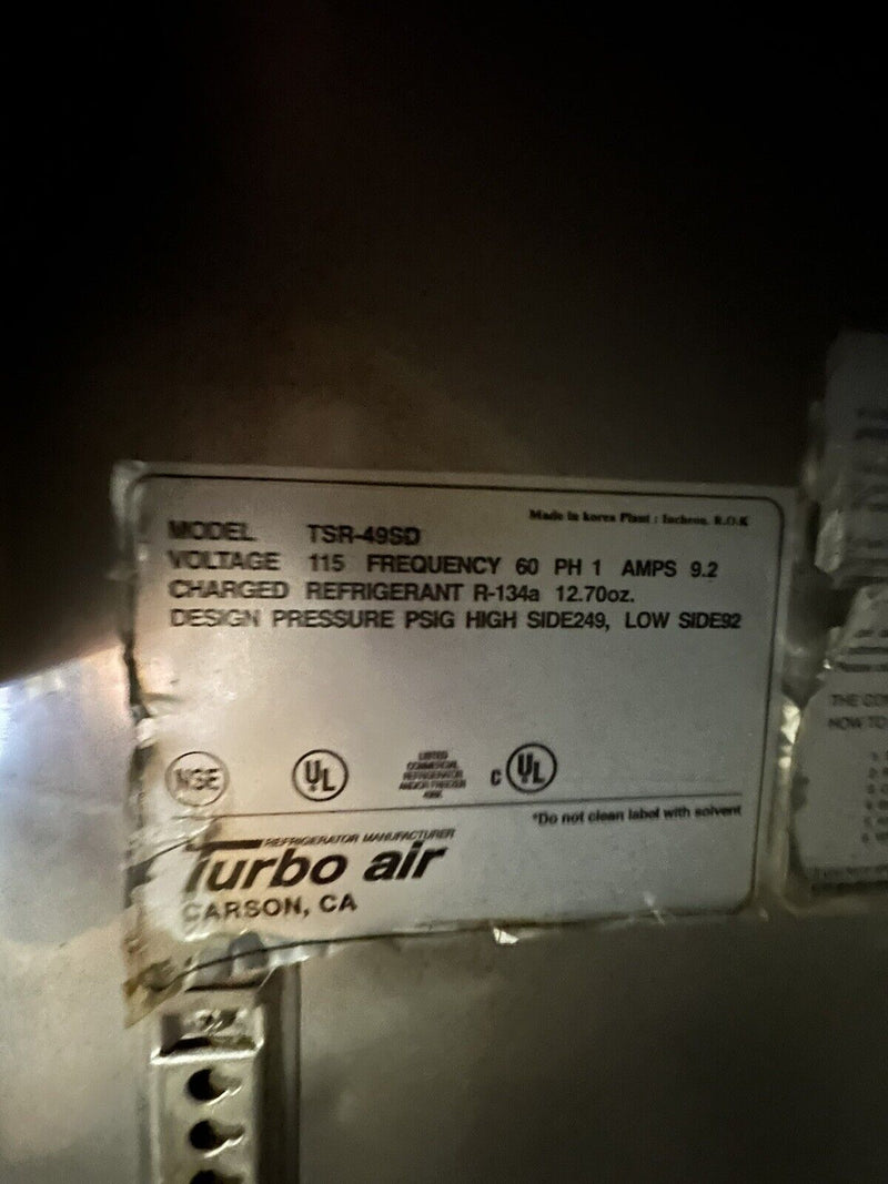 TURBO AIR TSR-49SD 2 DOOR REACH IN REFRIGERATOR COOLER USED