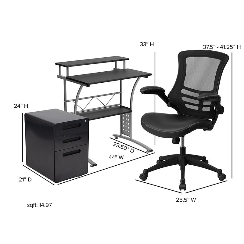 Work From Home Kit - Black Computer Desk, Ergonomic Mesh/Leather Soft Office Chair and Locking Mobile Filing Cabinet