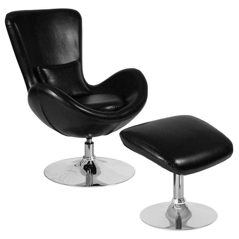 Egg Series Black Leather Side Reception Chair with Ottoman By Flash Furniture