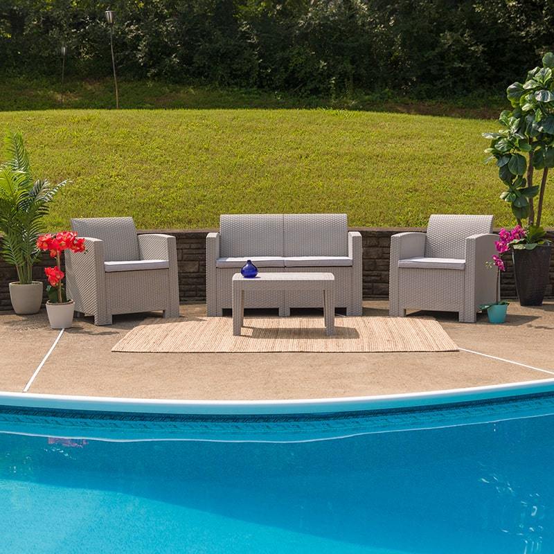 4 Piece Outdoor Faux Rattan Chair, Loveseat and Table Set in Light Gray by Flash Furniture