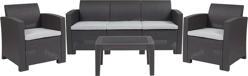 4 Piece Outdoor Faux Rattan Chair, Sofa and Table Set in Dark Gray by Flash Furniture