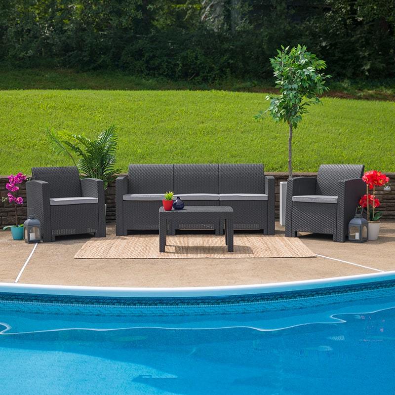 4 Piece Outdoor Faux Rattan Chair, Sofa and Table Set in Dark Gray by Flash Furniture