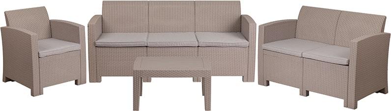 4 Piece Outdoor Faux Rattan Chair, Loveseat, Sofa and Table Set in Light Gray by Flash Furniture