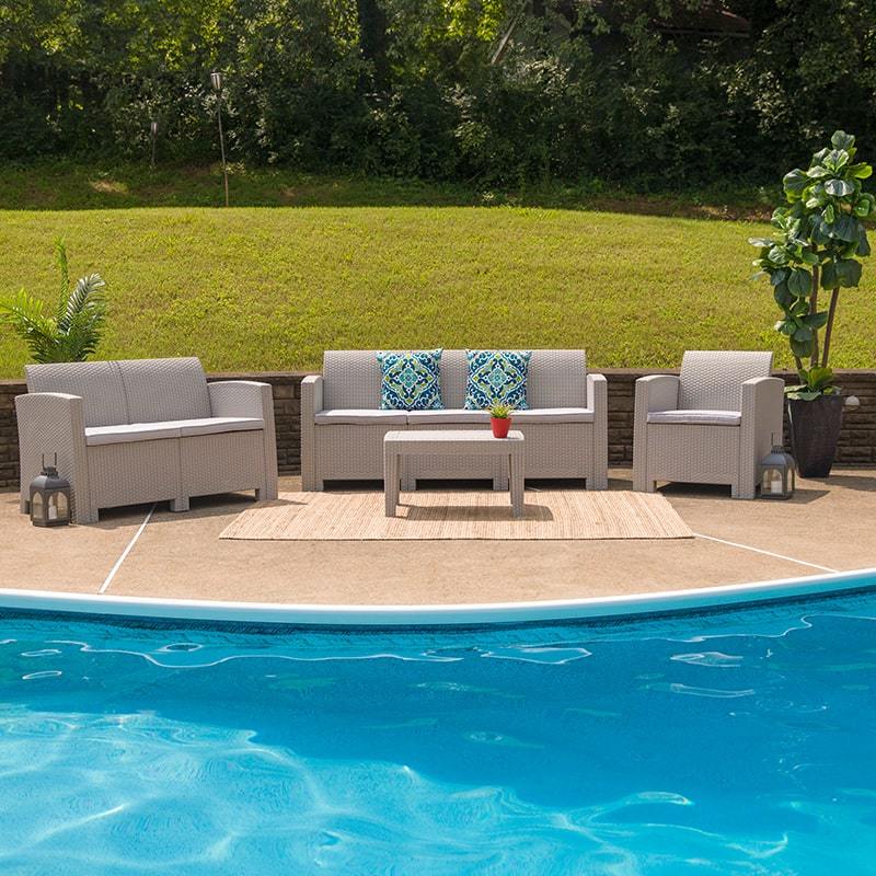 4 Piece Outdoor Faux Rattan Chair, Loveseat, Sofa and Table Set in Light Gray by Flash Furniture