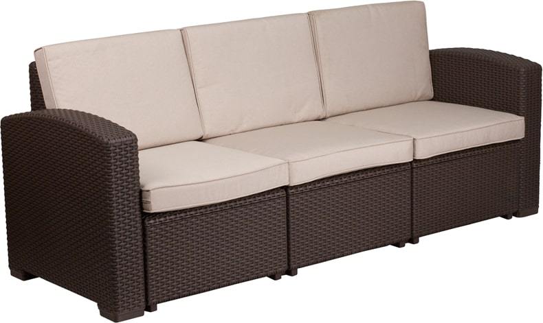 Chocolate Brown Faux Rattan Sofa with All-Weather Beige Cushions by Flash Furniture