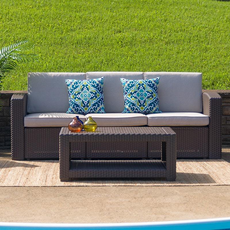Chocolate Brown Faux Rattan Sofa with All-Weather Beige Cushions by Flash Furniture