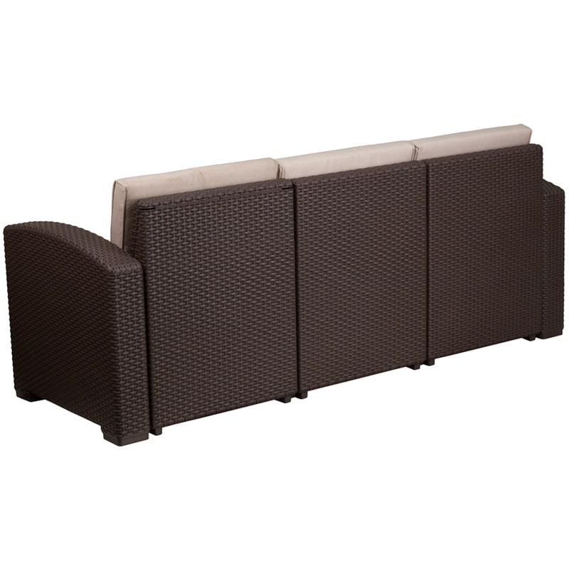Chocolate Brown Faux Rattan Sofa with All-Weather Beige Cushions by Flash Furniture