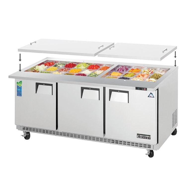 Everest EOTP3 Open Top Prep Table Mega-Top Three-Section 71-1/8"W 19.0 Cu. Ft (30) 1/6 Size Pans