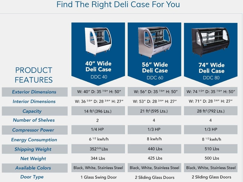 Pro-Kold DDC-40 Curved Glass 40" Refrigerated Deli Case - Available in White, Black or S/S Finish