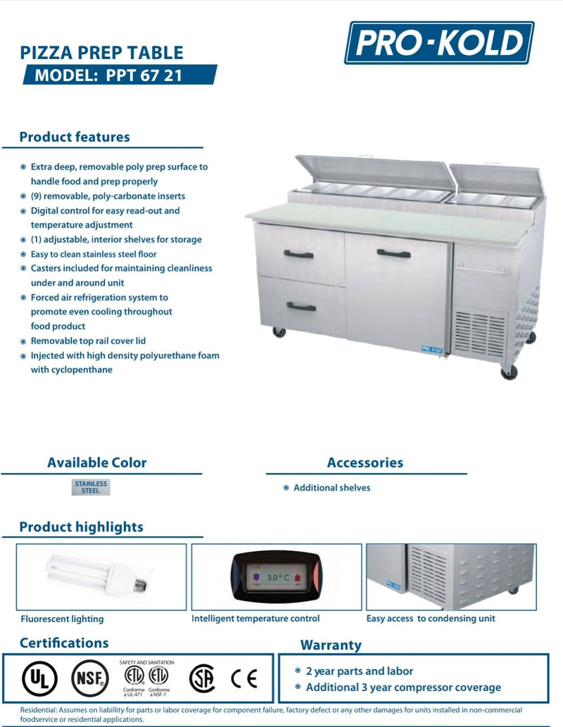 Pro Kold PPT-67-21 Single Door 2 Drawer  67" Pizza Prep Table