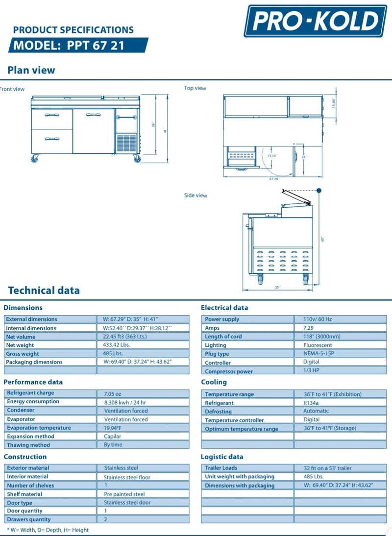 Pro Kold PPT-67-21 Single Door 2 Drawer  67" Pizza Prep Table