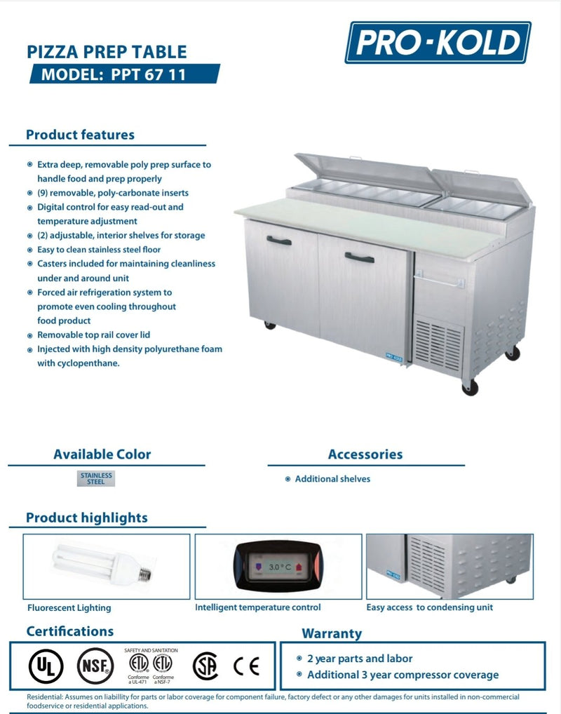 Pro Kold PPT-67-11 Double Door 67" Pizza Prep Table