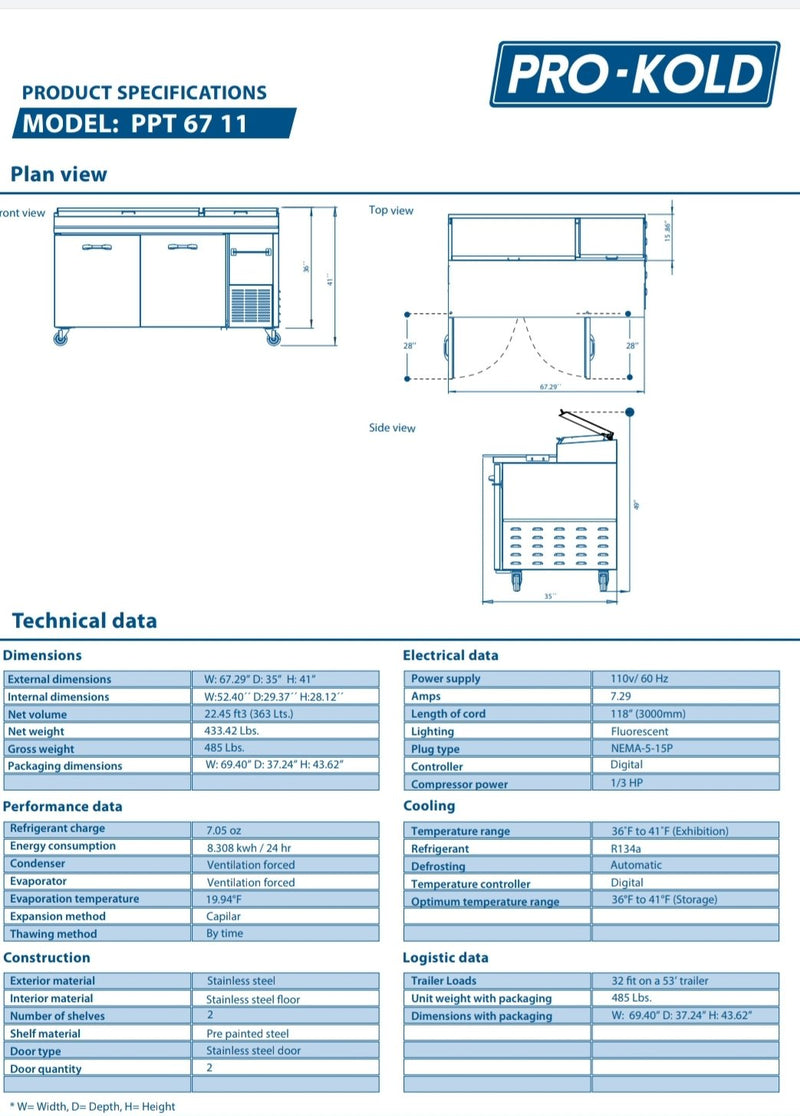 Pro Kold PPT-67-11 Double Door 67" Pizza Prep Table