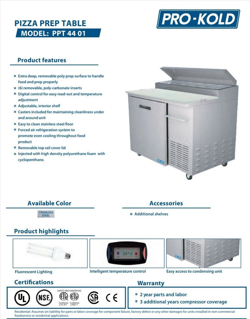 Pro Kold PPT-44-01 Single Door 44" Pizza Prep Table
