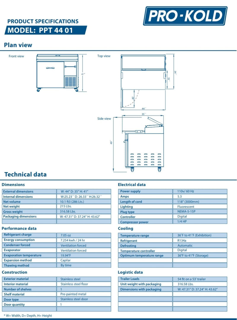 Pro Kold PPT-44-01 Single Door 44" Pizza Prep Table