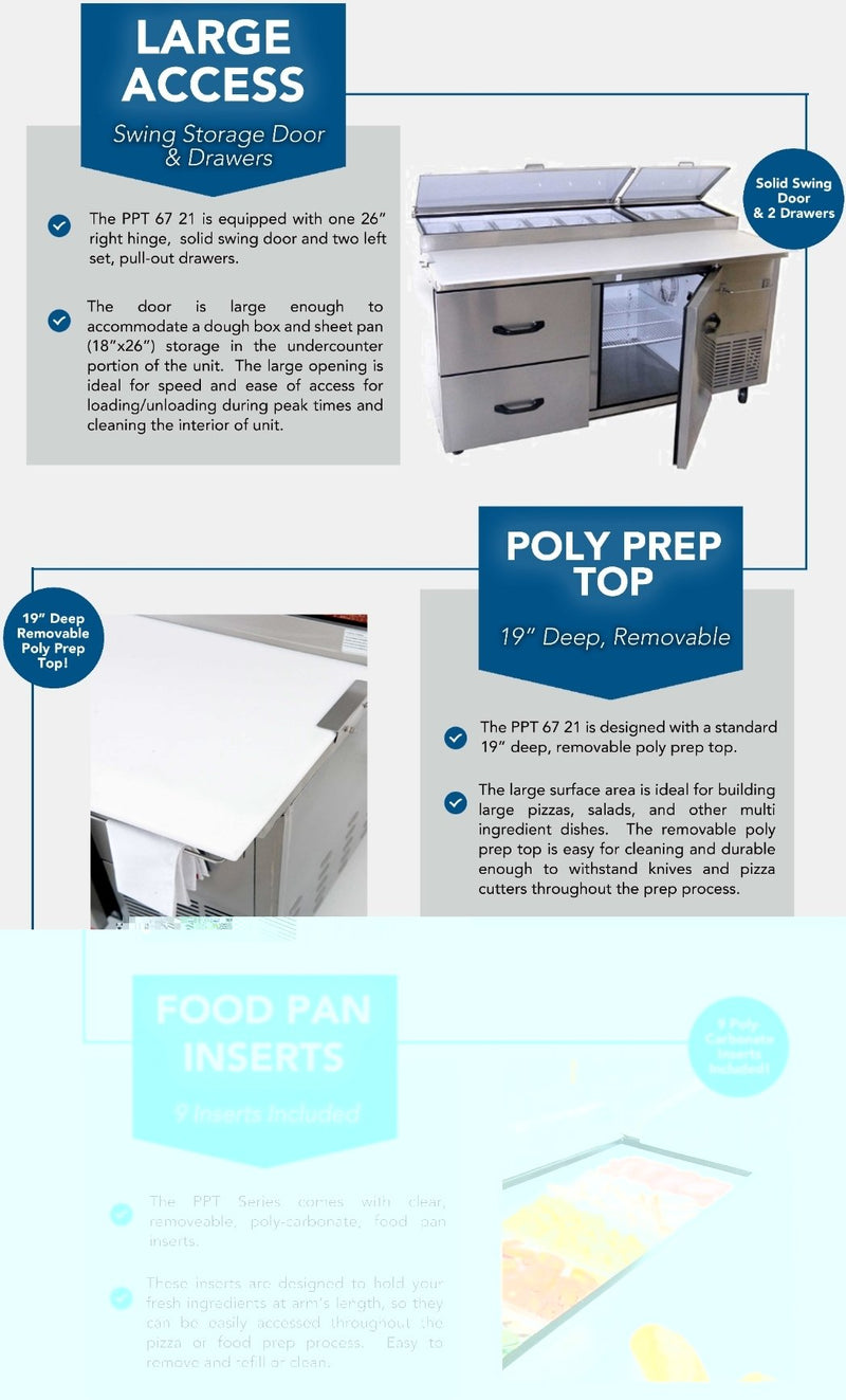 Pro Kold PPT-67-21 Single Door 2 Drawer  67" Pizza Prep Table