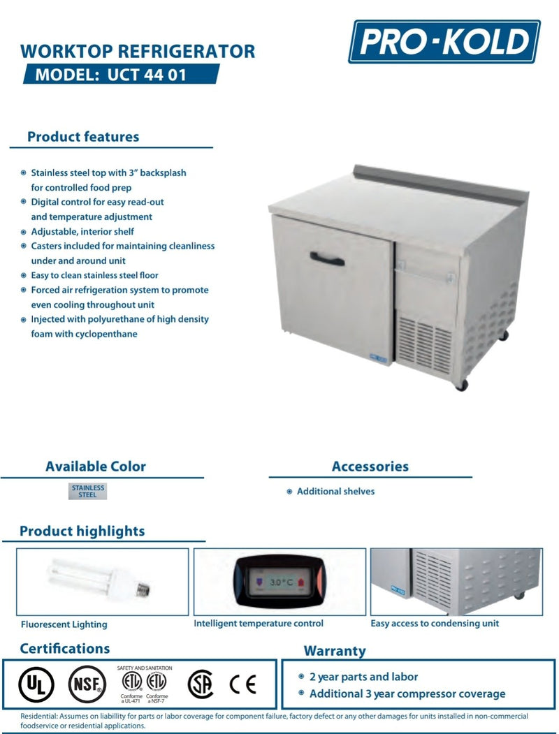 Pro-Kold UCT-44-01 Single Door 44" Refrigerated Work Table
