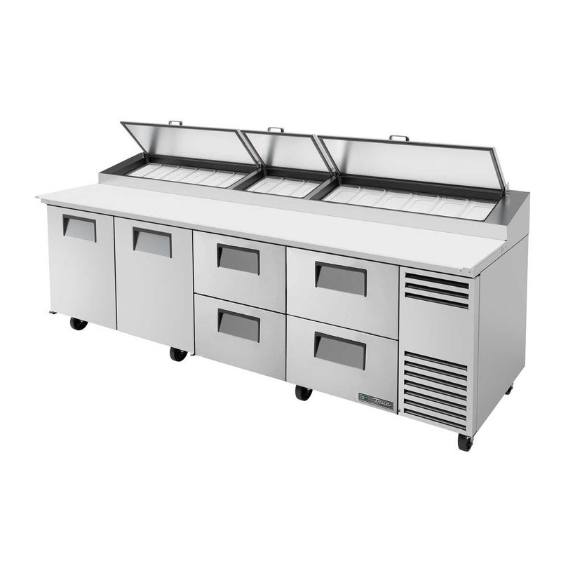 True TPP-AT-119D-4-HC Pizza Prep 33 - 41°F Pan Rail (2) Full Doors (4) Drawers (15) 1/3 Size Pans