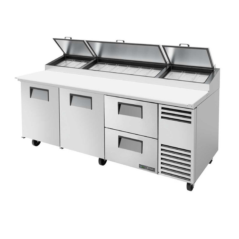 True TPP-AT-93D-2-HC Pizza Prep 33 - 41°F Pan Rail (2) Full Doors (2) Drawers (12) 1/3 Size Pans