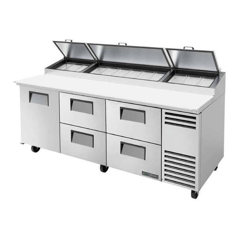 True TPP-AT-93D-4-HC Pizza Prep 33 - 41°F Pan Rail (1) Door (4) Drawers (12) 1/3 Size Pans