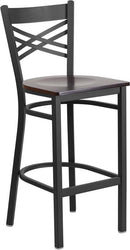 Flash Furniture XU-6F8BXBK-BAR-WALW-GG HERCULES Series Black ''X'' Back Metal Restaurant Barstool - Walnut Wood Seat