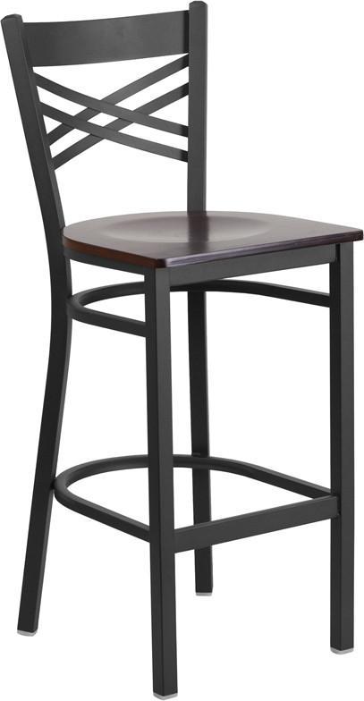 Flash Furniture XU-6F8BXBK-BAR-WALW-GG HERCULES Series Black ''X'' Back Metal Restaurant Barstool - Walnut Wood Seat