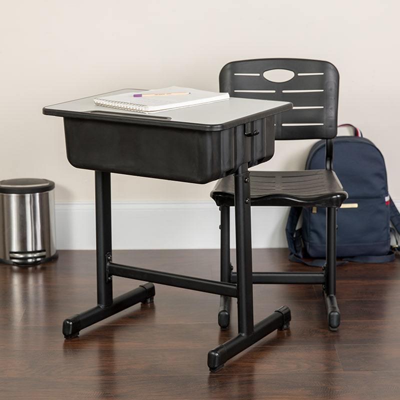 Adjustable Height Student Desk and Chair with Black Pedestal Frame by Flash Furniture