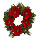Nearly Natural Red Magnolia & Pine Wreath 24"