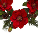 Nearly Natural Red Magnolia & Pine Wreath 24"