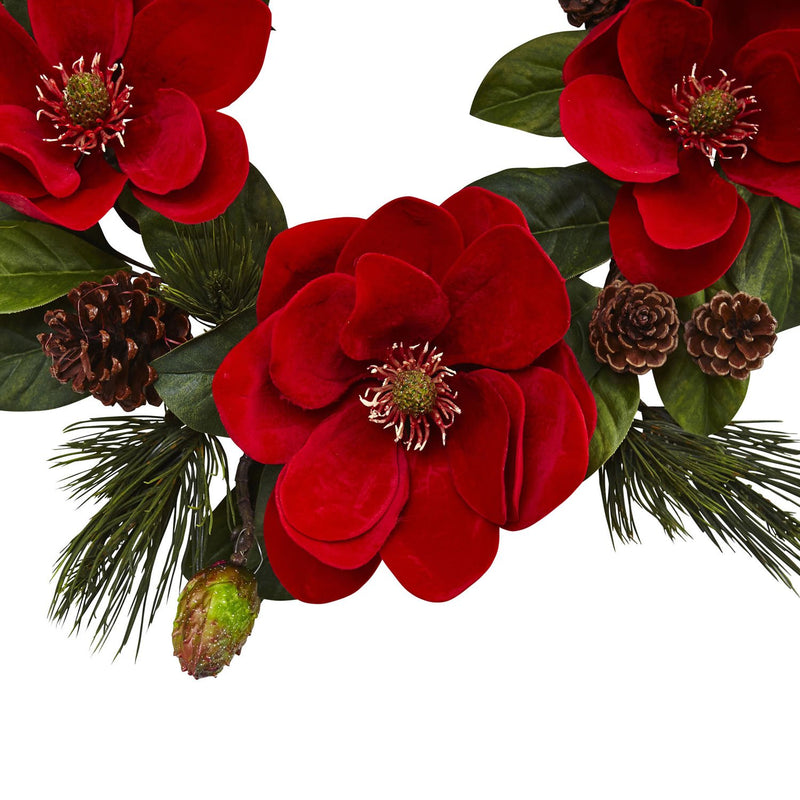 Nearly Natural Red Magnolia & Pine Wreath 24"