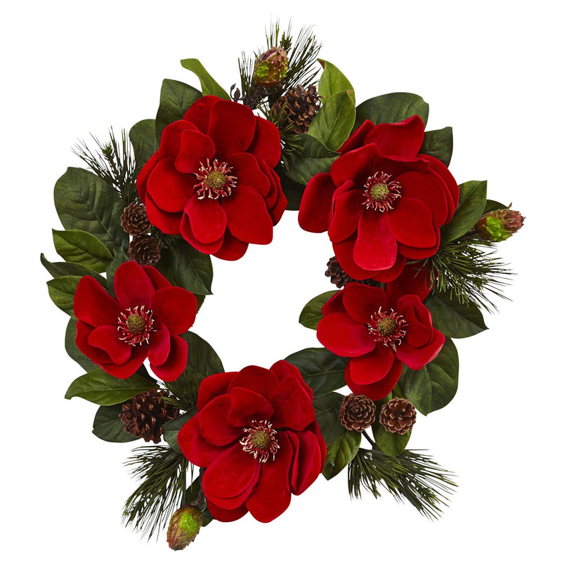 Nearly Natural Red Magnolia & Pine Wreath 24"