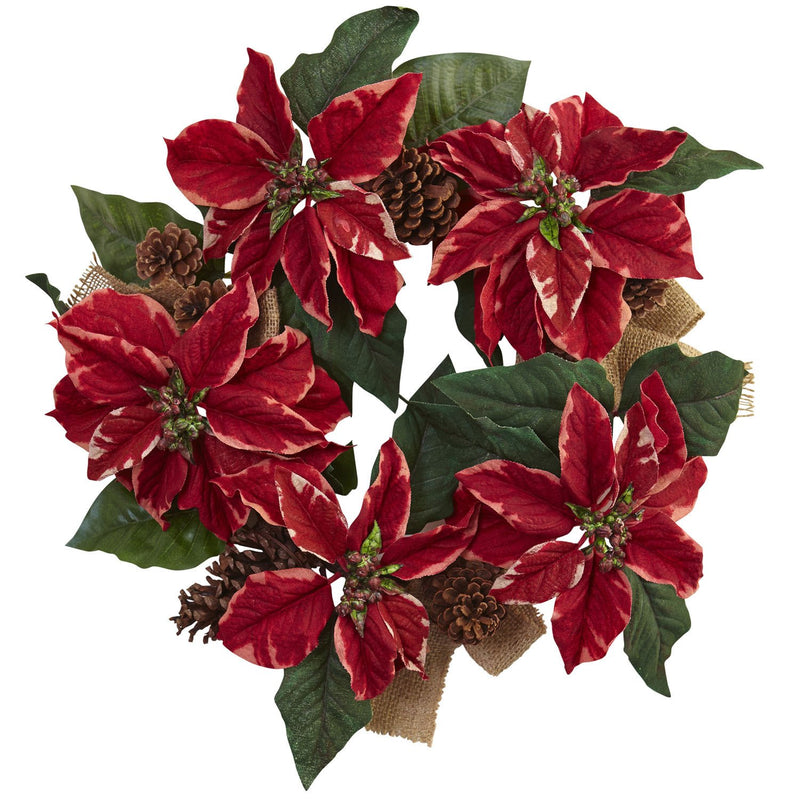 22" Poinsettia, Pine Cone & Burlap Wreath