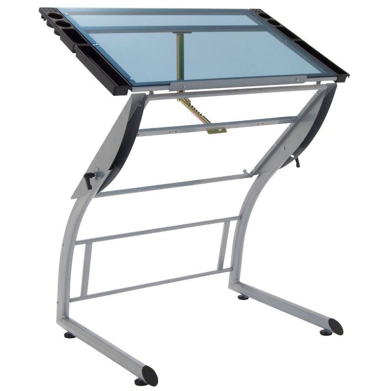 Studio Designs Triflex Drawing Table Sit to Stand Up Desk - Silver/Blue Glass