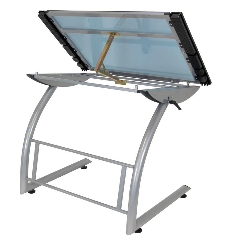 Studio Designs Triflex Drawing Table Sit to Stand Up Desk - Silver/Blue Glass