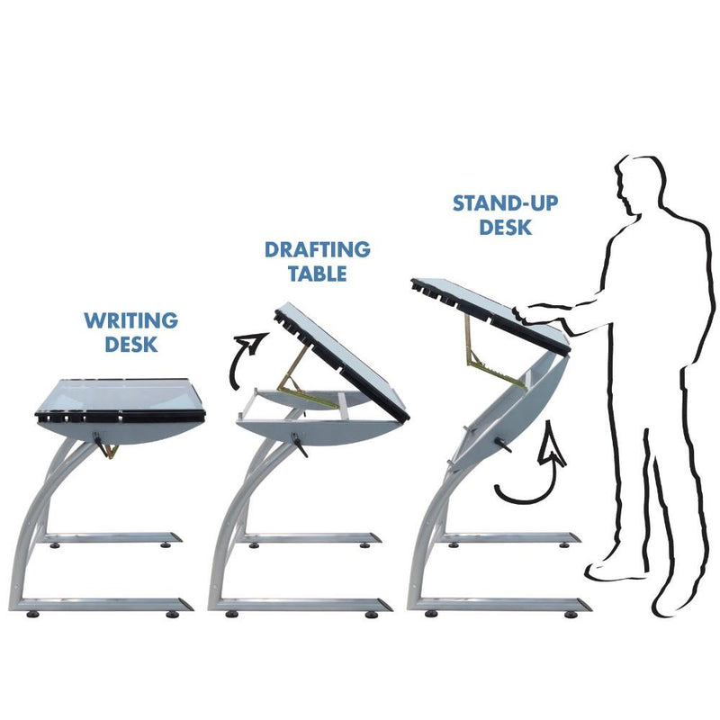 Studio Designs Triflex Drawing Table Sit to Stand Up Desk - Silver/Blue Glass