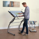 Studio Designs Triflex Drawing Table Sit to Stand Up Desk - Silver/Blue Glass