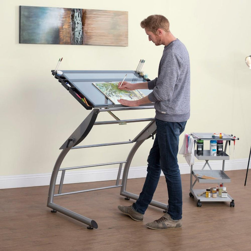 Studio Designs Triflex Drawing Table Sit to Stand Up Desk - Silver/Blue Glass