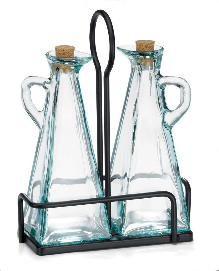 Tablecraft 617NBK 3 Piece Oil & Vinegar Set,Green Tint Glass