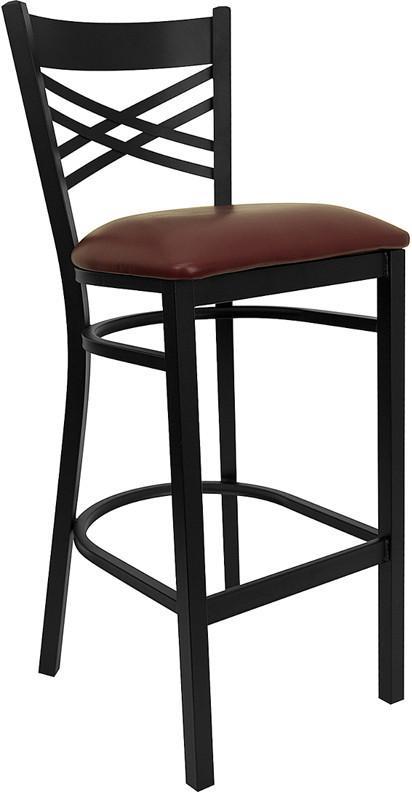 HERCULES Series Black ''X'' Back Metal Restaurant Bar Stool with Burgundy Vinyl Seat XU-6F8BXBK-BAR-BURV-GG by Flash Furniture