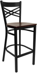 HERCULES Series Black ''X'' Back Metal Restaurant Bar Stool with Mahogany Wood Seat XU-6F8BXBK-BAR-MAHW-GG by Flash Furniture