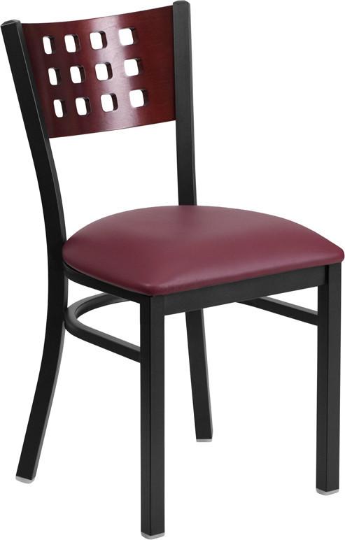 Flash Furniture XU-DG-60117-MAH-BURV-GG HERCULES Series Black Decorative Cutout Back Metal Restaurant Chair - Mahogany Wood Back, Burgundy Vinyl Seat