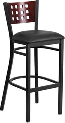 Flash Furniture XU-DG-60118-MAH-BAR-BLKV-GG HERCULES Series Black Decorative Cutout Back Metal Restaurant Barstool - Mahogany Wood Back, Black Vinyl Seat
