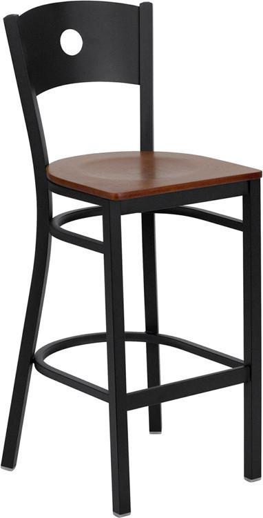 HERCULES Series Black Circle Back Metal Restaurant Bar Stool with Cherry Wood Seat XU-DG-60120-CIR-BAR-CHYW-GG by Flash Furniture