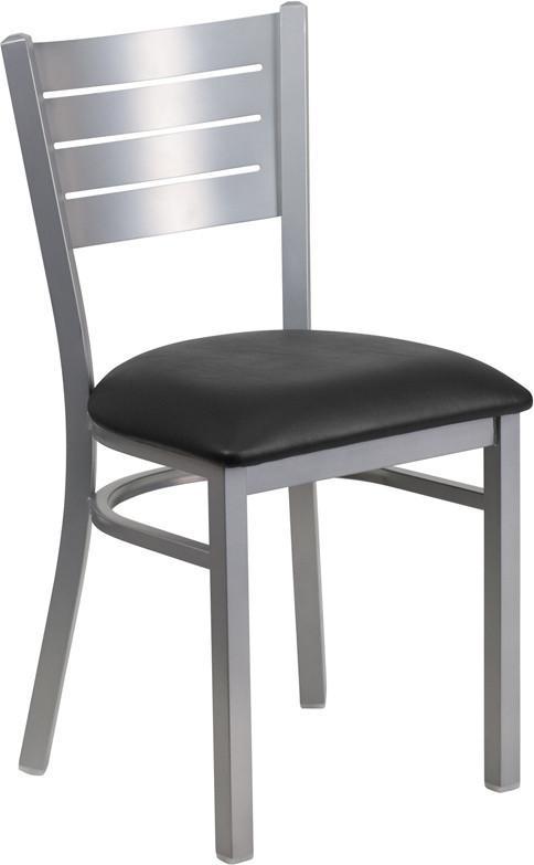 Flash Furniture XU-DG-60401-BLKV-GG HERCULES Series Silver Slat Back Metal Restaurant Chair - Black Vinyl Seat