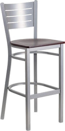Flash Furniture XU-DG-60402-BAR-MAHW-GG HERCULES Series Silver Slat Back Metal Restaurant Barstool - Mahogany Wood Seat