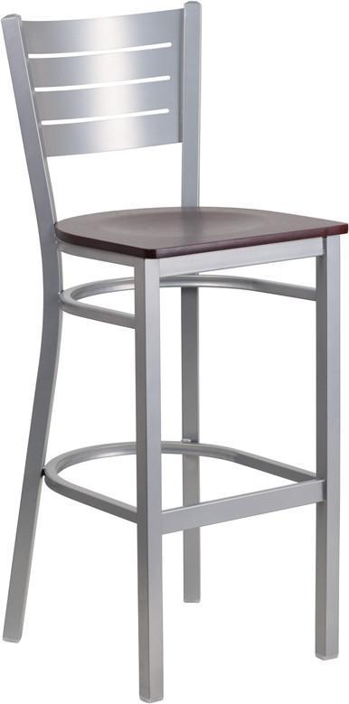 Flash Furniture XU-DG-60402-BAR-MAHW-GG HERCULES Series Silver Slat Back Metal Restaurant Barstool - Mahogany Wood Seat