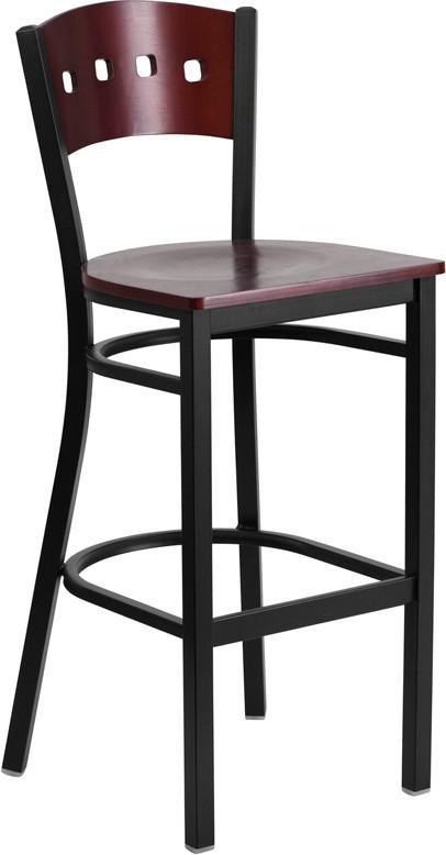 Flash Furniture XU-DG-60515-MAH-BAR-MTL-GG HERCULES Series Black Decorative 4 Square Back Metal Restaurant Barstool - Mahogany Wood Back & Seat