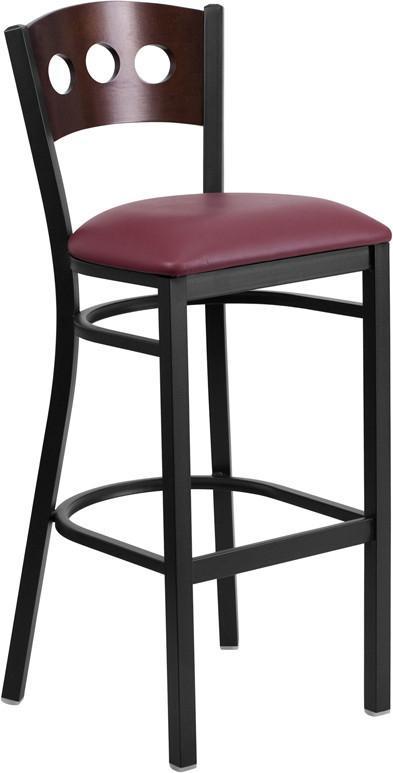 Flash Furniture XU-DG-60516-WAL-BAR-BURV-GG HERCULES Series Black Decorative 3 Circle Back Metal Restaurant Barstool - Walnut Wood Back, Burgundy Vinyl Seat