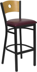 HERCULES Series Black Circle Back Metal Restaurant Bar Stool with Natural Wood Back & Burgundy Vinyl Seat XU-DG-6F6B-CIR-BAR-BURV-GG by Flash Furniture
